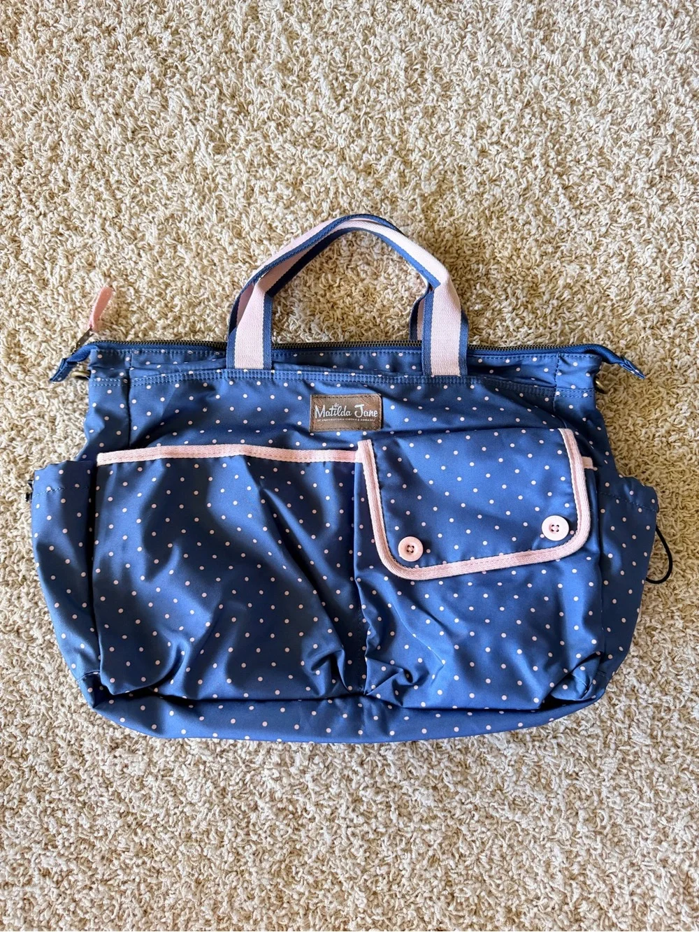 Matilda Jane Navy Polka Dot Tote with Pink Handles